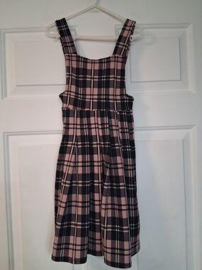 Girls Pink and Black Plaid Casual Pinafore Dress Size 7